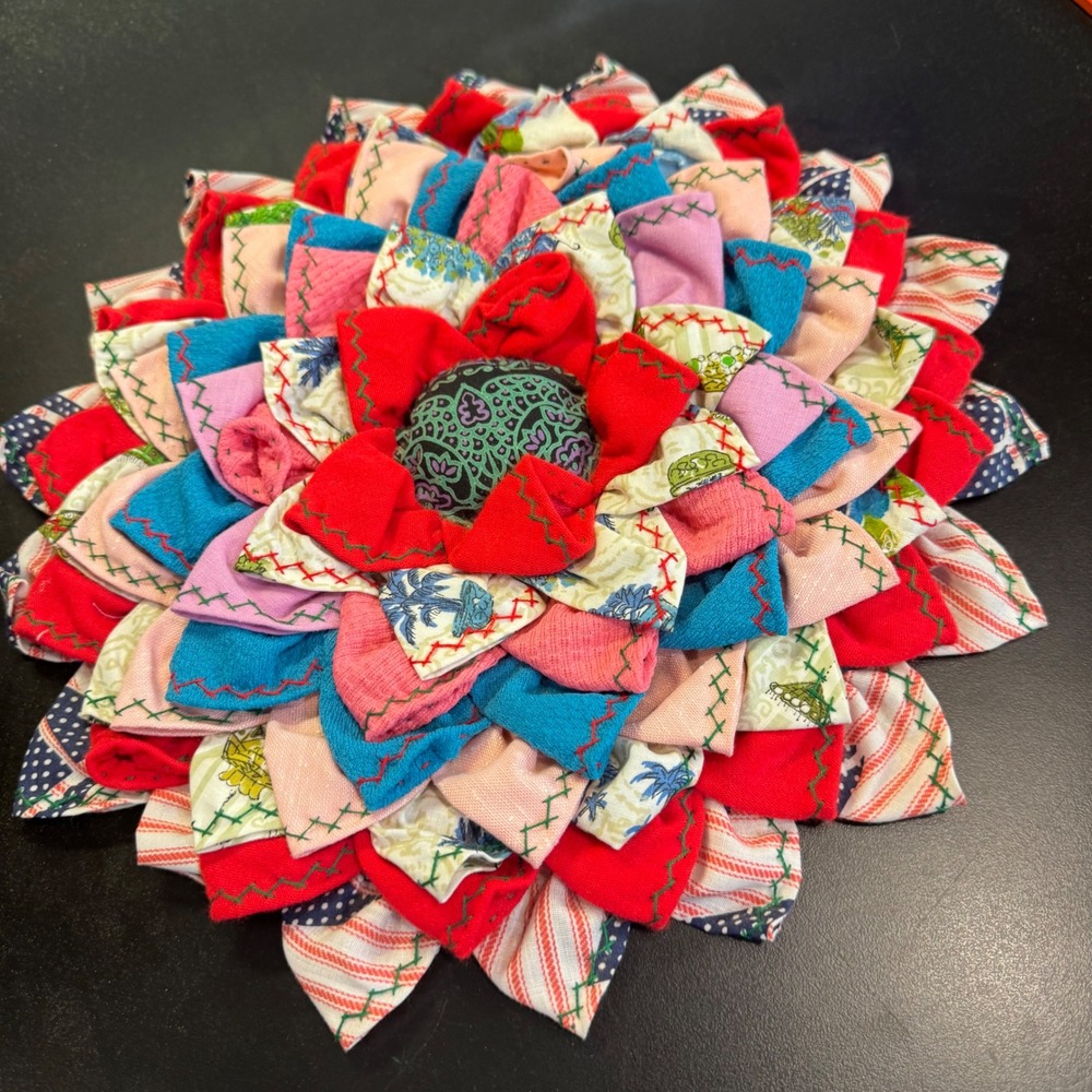 Handmade Petal Pop Zinnia Wall Hanging Multicolor Fabric Boho Floral Art 11in